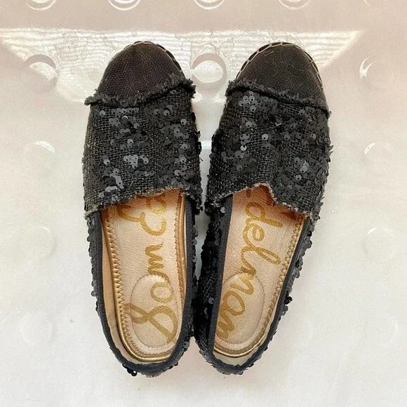 Sam Edelman Espadrille Sequin Detail Black Slip On Flats 8 - Picture 1 of 10